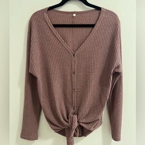 Waffle Knit Long Sleeve, Front Tie Button Down Top size Medium